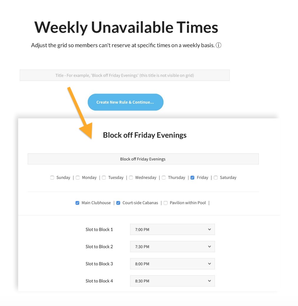 pooldues facility facilities weekly unavailable times block